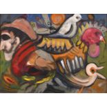 20th century Continental School, An oil on canvas painting featuring a man's head and birds,