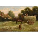 H. Sinclair Jackson (19th/20th century) Harvesting in a Devon hayfield, oil on board, signed, 5" x