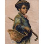 Italian school (Early 20th century), A child carrying a foraging basket and a cane, mixed media,