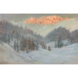 B. Johnson (early 20th century), 'St. Moritz', A view of a snowy valley with sunlit peaks, pastel,