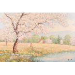 20th Century Chinese school, A young lady and child in a field with almond blossom, oil on canvas,