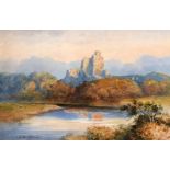 J MacDiarmid (19th/20th century) A view of castle ruins on a hilltop with a river and sheep,