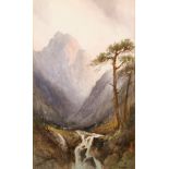 Frederick Pearson, A mountainous highland landscape with grazing sheep and a waterfall, watercolour,