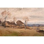 Early 20th century school, Trees and farm buildings in a rolling landscape, oil on board, 14" x