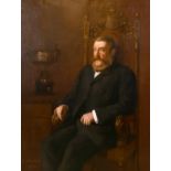 Late 19th century English school portrait of a seated gentleman beside a trophy, oil on canvas,