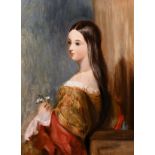 19th century British school, half-length study of a seated lady holding flowers, oil on panel, 12" x