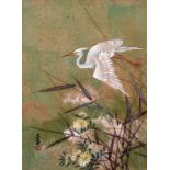 19th century Japanese school, A gliding stork with foliage below, mixed media, signed and sealed,