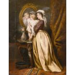 19th century continental school, A mother and child in a lavish interior, oil on canvas, 9.75" x 7.