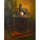 Rina Sutzkever (b. 1945) Israeli, A still life on a table, with boots on a rug below, oil on canvas,