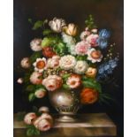 20th century school, A still life of mixed flowers in a vase, oil on canvas, signed H. Macfarlane,