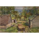 Greta Delleany (1884-1968) British, three landscapes in farm settings, pastel, inscribed in