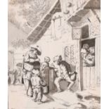 19th century, Style of Ostade, revellers outside of an inn, ink and wash Unframed, 4"x 3.5".