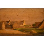 Modern British school, A scene of farm buildings, oil on a cigar box lid, 5.25" x 8.25".