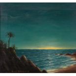 Karel Holemans (1910-1979) Belgian, sun setting over a rocky coastline with palm trees in the