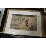 A Japanese woodblock print depicting figures in a building and on a verandah, unframed.