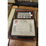 Cigarette cards, framed and glazed, and other items.