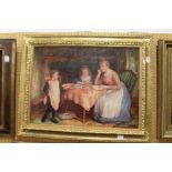 Figures in an Interior by an Inglenook Fireplace oil on canvas, in a decorative gilt frame.
