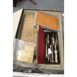 A Canton ivory card case (faults), drawing instruments, a carved wood box and a presentation