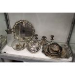 Plated wares to include a salver, a candelabra, entree dish and cover, claret jug etc.