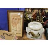 Studio pottery jar and cover together with a terracotta figural plaque, framed and glazed.