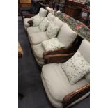 A good mahogany framed Bergere three piece suite, single caned, comprising three seater settee and a