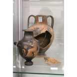 A small Greek attic style vase and similar larger vase (AF).