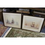 A pair of colour prints depicting sailing ships, signed.