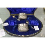 A pair of Victorian silver salts and spoons, Birmingham 1893 (part of a set of four in a fitted