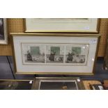 An amusing triptych depicting an old lady and dogs, colour print.