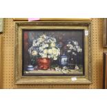 D. Bowman, a still life of flowers in a vase and other items, oil on board, signed, in a