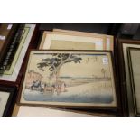 A Japanese Meiji period woodblock print of a landscape and five other similar pictures.