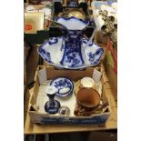 A blue and white jug and basin and other decorative china.