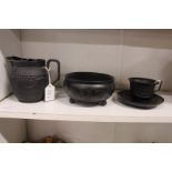 Wedgwood black basalt jug, bowl and cup and saucer.