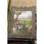 A Female Shepherdess Seated on a Log by Three Sheep in a Field oil on board, in a decorative gilt