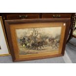 Rural Scene with a Coach and Horses and Huntsmen and Hounds watercolour in a reeded oak frame.