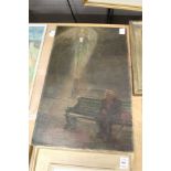 A Man Seated in a Bench by a Street Lamp oil on board, unframed.