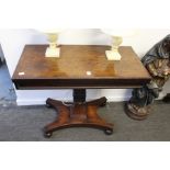 A good 19th century mahogany rectangular foldover card table on a carved column support with