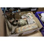 A Indian papier mache glove box, various Persian metalware items, Chinese bars etc.