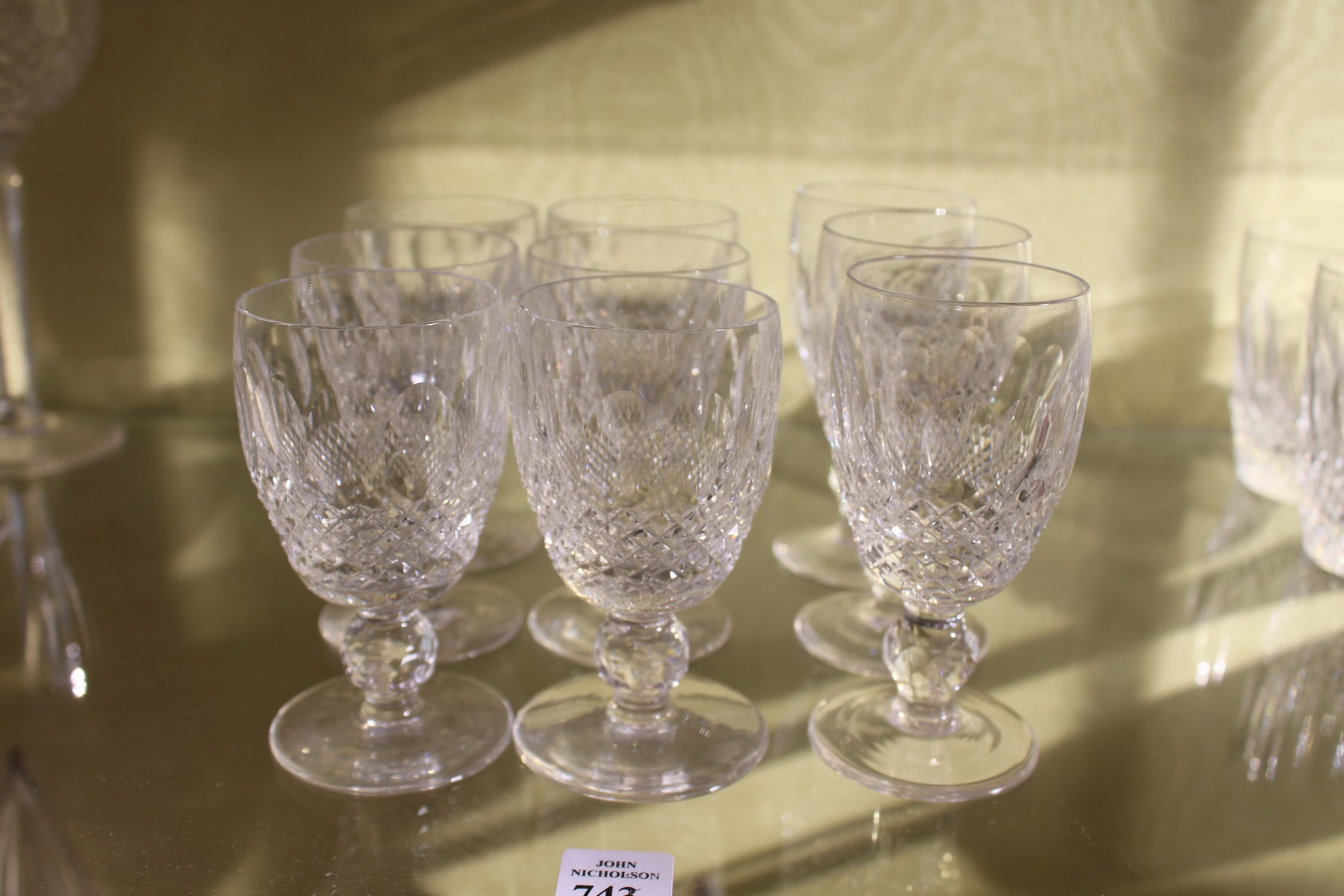 Six Waterford Colleen small wine or port glasses, 10cms high and three similar glasses, 11cms high.