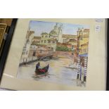 A Canal Scene with Buildings and Figures on a Gondola watercolour.