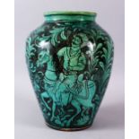 A GOOD NATANZ QAJAR POTTERY VASE, the body decorated with a male huntsman on horseback chasing deer,