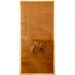 A CHINESE PAINTED TEXTILE SCROLL OF A WARRIOR UPON HORSEBACK, the warrior upon his horse with