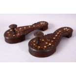 A PAIR OF TURKISH INLAID HARDWOOD BATH SHOES, 26cm long.