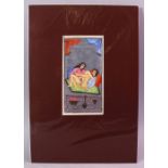 AN INDIAN HAND PAINTED MANUSCRIPT PAGE, depicting a couple in erotic scene, image size 20cm x 10cm.