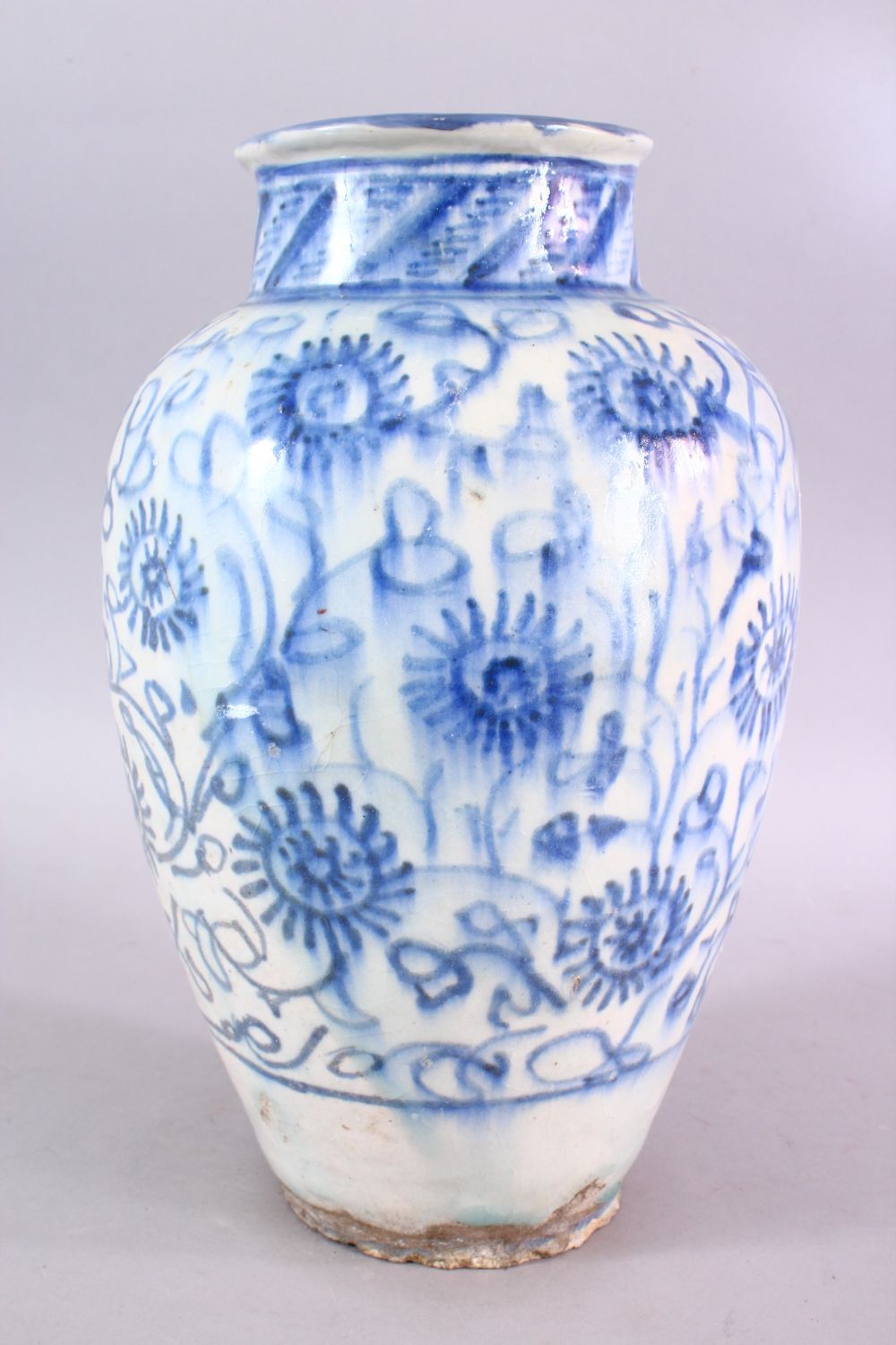 A LARGE 18TH CENTURY PERSIAN SAFAVID BLUE & WHITE GLAZED POTTERY VASE, the vase decorated with - Image 2 of 6