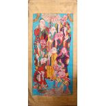 A LARGE CHINESE PAINTED TEXTILE THANGKA, painted with scenes of dragons & Immortal figures, the