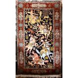 A GOOD PERSIAN CARPET decorated with a hunting scene, 152cm x 92cm.