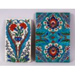 TWO GOOD IZNIK POTTERY TILES, one with white ground and decorated with formal floral motif, 21cm x