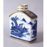 A CHINESE 18TH CENTURY QIANLONG BLUE & WHITE PORCELAIN CADDY, with scenes of a landscape with gilt
