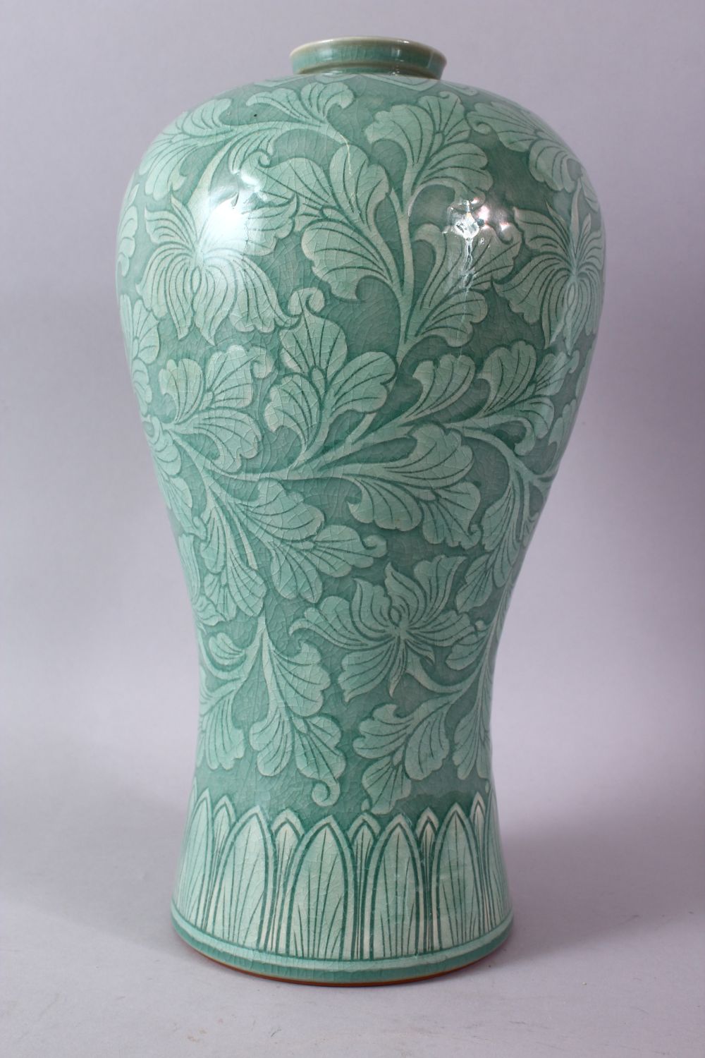 A LARGE KOREAN CELEDON VASE, the body with srolling foliage, signed, 38cm high. - Image 4 of 7